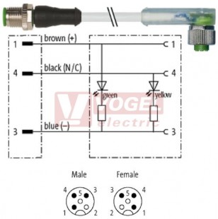 7000-40321-2330060 konektor M12/3-pin/vidl/přímý - kabel ŠE PUR do vlečného řetězu 3x0,34mm2 L=0,6m - konektor M12/3-pin/2xLED/zás/úhlový