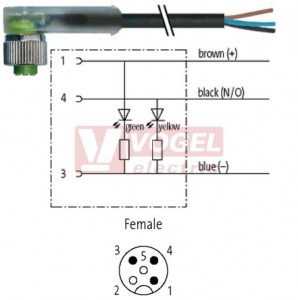 7000-12381-6330150 konektor M12/3-pin/2xLED/zás/úhlový - kabel ČE PUR do vlečného řetězu 3x0,34mm2 L=1,5m - volný konec