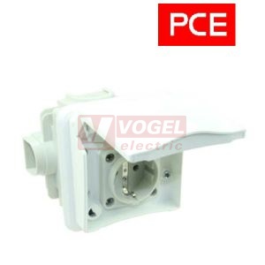 Zásuvka pod omítku 3P  16A 250V IP44 PCE 883108v, barva bílá, designová verze, vč. instalační krabice a rámečku bez těs.gumy (domovní zásuvka s kolíkem)