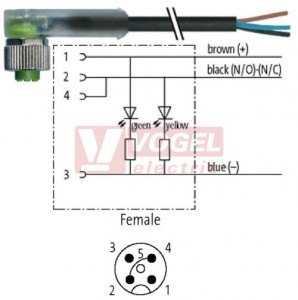 7000-12401-6130500 konektor M12/4-pin/2xLED/zás/úhlový - kabel ČE PVC 4x0,34mm2 L=5,0m - volný konec