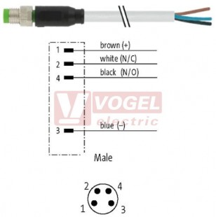 7000-08011-2210500 konektor M8/4-pin/vidl/přímý - kabel ŠE PUR/PVC 4x0,25mm2 L=5,0m - volný konec