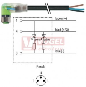 7000-08121-6300200 konektor M8/3-pin/2xLED/zás/úhlový - kabel ČE PUR 3x0,25mm2 L=2,0m - volný konec