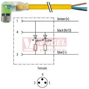 7000-08121-0301000 konektor M8/3-pin/2xLED/zás/úhlový - kabel ŽL PUR 3x0,25mm2 L=10,0m - volný konec