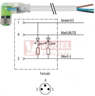 7000-08121-2100150 konektor M8/3-pin/2xLED/zás/úhlový - kabel ŠE PVC 3x0,25mm2 L=1,5m - volný konec