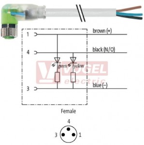 7000-08121-2100150 konektor M8/3-pin/2xLED/zás/úhlový - kabel ŠE PVC 3x0,25mm2 L=1,5m - volný konec