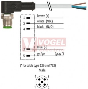 7000-12121-2250500 konektor M12/5-pin/vidl/úhlový - kabel ŠE PUR/PVC 5x0,34mm2 L=5,0m - volný konec