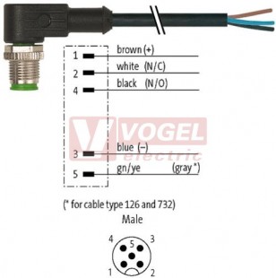 7000-12121-6150150 konektor M12/5-pin/vidl/úhlový - kabel ČE PVC 5x0,34mm2 L=1,5m - volný konec