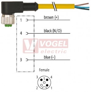 7000-12321-0130500 konektor M12/3-pin/zás/úhlový - kabel ŽL PVC 3x0,34mm2 L=5,0m - volný konec