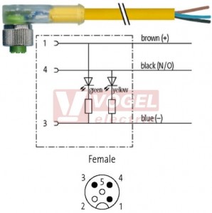 7000-12381-0130150 konektor M12/3-pin/2xLED/zás/úhlový - kabel ŽL PVC 3x0,34mm2 L=1,5m - volný konec