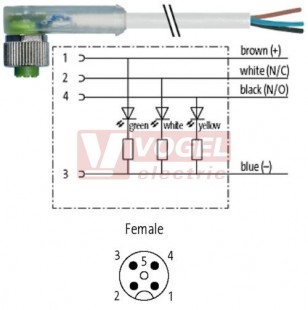 7000-12421-2142000 konektor M12/4-pin/3xLED/zás/úhlový - kabel ŠE PVC 4x0,34mm2 L=20,0m - volný konec