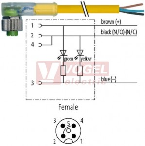 7000-12401-0130150 konektor M12/4-pin/2xLED/zás/úhlový - kabel ŽL PVC 4x0,34mm2 L=1,5m - volný konec