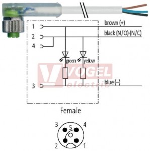 7000-12401-2130150 konektor M12/4-pin/2xLED/zás/úhlový - kabel ŠE PVC 4x0,34mm2 L=1,5m - volný konec