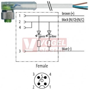 7000-12401-2130500 konektor M12/4-pin/2xLED/zás/úhlový - kabel ŠE PVC 4x0,34mm2 L=5,0m - volný konec