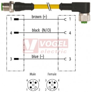 7000-40101-0230060 konektor M12/3-pin/vidl/přímý - kabel ŽL PUR/PVC 3x0,34mm2 L=0,6m - konektor M12/3-pin/zás/úhlový