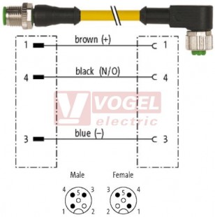 7000-40101-0330030 konektor M12/3-pin/vidl/přímý - kabel ŽL PUR do vlečného řetězu 3x0,34mm2 L=0,3m - konektor M12/3-pin/zás/úhlový