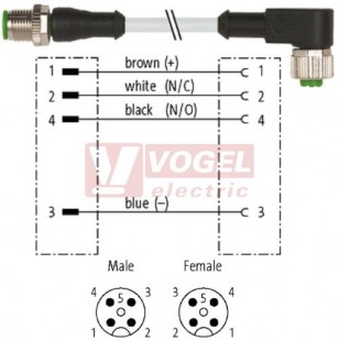 7000-40121-2140030 konektor M12/4-pin/vidl/přímý - kabel ŠE PVC 4x0,34mm2 L=0,3m - konektor M12/4-pin/zás/úhlový