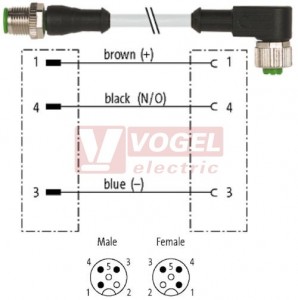 7000-40101-2330060 konektor M12/3-pin/vidl/přímý - kabel ŠE PUR do vlečného řetězu 3x0,34mm2 L=0,6m - konektor M12/3-pin/zás/úhlový