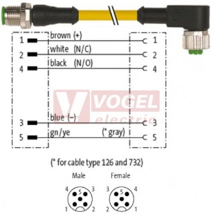 7000-40141-0150030 konektor M12/5-pin/vidl/přímý - kabel ŽL PVC 5x0,34mm2 L=0,3m - konektor M12/5-pin/zás/úhlový