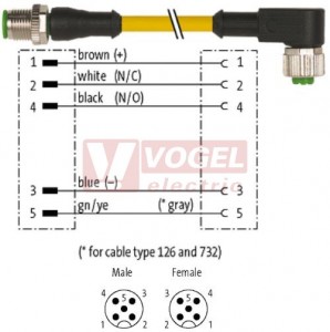 7000-40141-0150060 konektor M12/5-pin/vidl/přímý - kabel ŽL PVC 5x0,34mm2 L=0,6m - konektor M12/5-pin/zás/úhlový