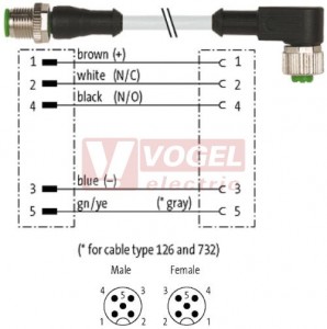 7000-40141-2150030 konektor M12/5-pin/vidl/přímý - kabel ŠE PVC 5x0,34mm2 L=0,3m - konektor M12/5-pin/zás/úhlový