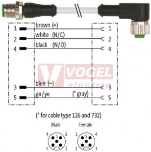 7000-40141-2150100 konektor M12/5-pin/vidl/přímý - kabel ŠE PVC 5x0,34mm2 L=1,0m - konektor M12/5-pin/zás/úhlový