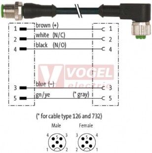 7000-40141-6150030 konektor M12/5-pin/vidl/přímý - kabel ČE PVC 5x0,34mm2 L=0,3m - konektor M12/5-pin/zás/úhlový