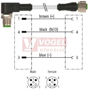 7000-40171-2130030 konektor M12/3-pin/vidl/úhlový - kabel ŠE PVC 3x0,34mm2 L=0,3m - konektor M12/3-pin/zás/přímý