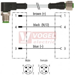 7000-40171-2130500 konektor M12/3-pin/vidl/úhlový - kabel ŠE PVC 3x0,34mm2 L=5,0m - konektor M12/3-pin/zás/přímý