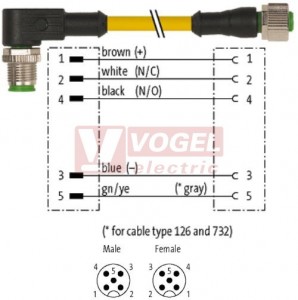 7000-40221-0250100 konektor M12/5-pin/vidl/úhlový - kabel ŽL PUR/PVC 5x0,34mm2 L=1,0m - konektor M12/5-pin/zás/přímý