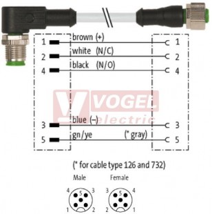 7000-40221-2150030 konektor M12/5-pin/vidl/úhlový - kabel ŠE PVC 5x0,34mm2 L=0,3m - konektor M12/5-pin/zás/přímý