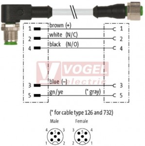 7000-40221-2150060 konektor M12/5-pin/vidl/úhlový - kabel ŠE PVC 5x0,34mm2 L=0,6m - konektor M12/5-pin/zás/přímý