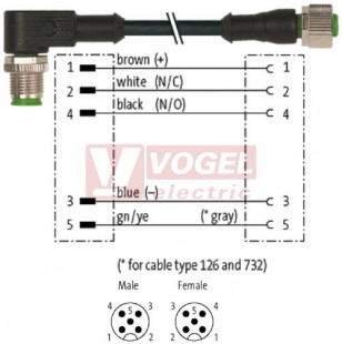 7000-40221-6150030 konektor M12/5-pin/vidl/úhlový - kabel ČE PVC 5x0,34mm2 L=0,3m - konektor M12/5-pin/zás/přímý