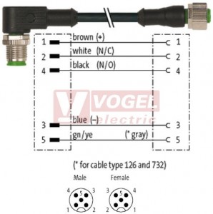 7000-40221-6150030 konektor M12/5-pin/vidl/úhlový - kabel ČE PVC 5x0,34mm2 L=0,3m - konektor M12/5-pin/zás/přímý