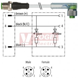 7000-40321-2330300 konektor M12/3-pin/vidl/přímý - kabel ŠE PUR do vlečného řetězu 3x0,34mm2 L=3,0m - konektor M12/3-pin/2xLED/zás/úhlový