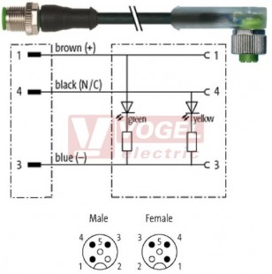 7000-40321-6330030 konektor M12/3-pin/vidl/přímý - kabel ČE PUR do vlečného řetězu 3x0,34mm2 L=0,3m - konektor M12/3-pin/2xLED/zás/úhlový