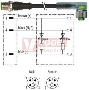 7000-40321-6330060 konektor M12/3-pin/vidl/přímý - kabel ČE PUR do vlečného řetězu 3x0,34mm2 L=0,6m - konektor M12/3-pin/2xLED/zás/úhlový