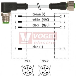 7000-40201-2240400 konektor M12/4-pin/vidl/úhlový - kabel ŠE PUR/PVC 4x0,34mm2 L=4,0m - konektor M12/4-pin/zás/přímý