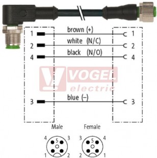 7000-40201-6140030 konektor M12/4-pin/vidl/úhlový - kabel ČE PVC 4x0,34mm2 L=0,3m - konektor M12/4-pin/zás/přímý