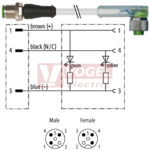 7000-40321-2230400 konektor M12/3-pin/vidl/přímý - kabel ŠE PUR/PVC 3x0,34mm2 L=4,0m - konektor M12/3-pin/2xLED/zás/úhlový