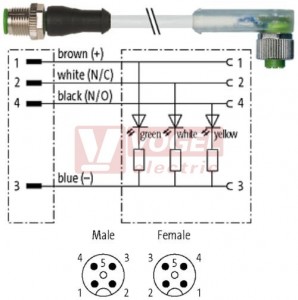 7000-40341-2340500 konektor M12/4-pin/vidl/přímý - kabel ŠE PUR do vlečného řetězu 4x0,34mm2 L=5,0m - konektor M12/4-pin/3xLED/zás/úhlový