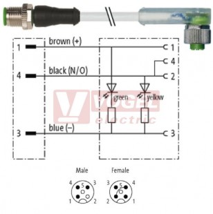 7000-40381-2530200 konektor M12/3-pin/vidl/přímý - kabel ŠE PUR do svařovny 3x0,34mm2 L=2,0m - konektor M12/3-pin/2xLED/zás/úhlový