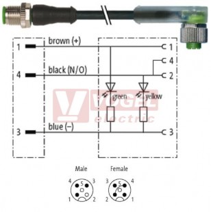 7000-40381-6330100 konektor M12/3-pin/vidl/přímý - kabel ČE PUR do vlečného řetězu 3x0,34mm2 L=1,0m - konektor M12/3-pin/2xLED/zás/úhlový