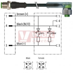 7000-40381-6530100 konektor M12/3-pin/vidl/přímý - kabel ČE PUR do svařovny 3x0,34mm2 L=1,0m - konektor M12/3-pin/2xLED/zás/úhlový