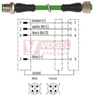 7000-40501-8200100 konektor M12/4-pin/vidl/přímý - kabel ZE stíněný PUR 4x0,34mm2 L=1,0m - konektor M12/4-pin/zás/přímý