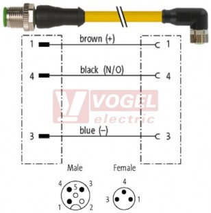 7000-40601-0100250 konektor M12/3-pin/vidl/přímý - kabel ŽL PVC 3x0,25mm2 L=2,5m - konektor M8/3-pin/zás/úhlový