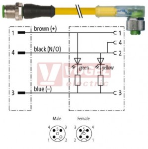 7000-40381-0130030 konektor M12/3-pin/vidl/přímý - kabel ŽL PVC 3x0,34mm2 L=0,3m - konektor M12/3-pin/2xLED/zás/úhlový