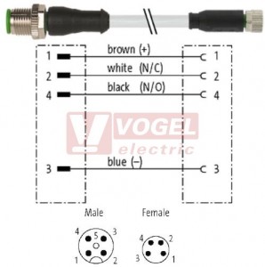 7000-40581-2310030 konektor M12/4-pin/vidl/přímý - kabel ŠE PUR do vlečného řetězu 4x0,25mm2 L=0,3m - konektor M8/4-pin/zás/přímý