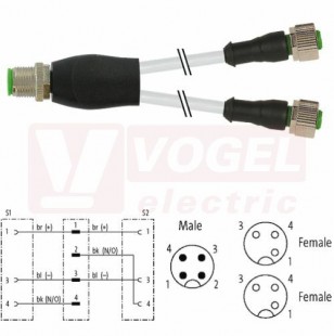 7000-40701-2330150 rozbočovací Y konektor M12/4-pin/vidl/přímý - kabel ŠE PUR do energ.řetězů 3x0,34mm2 L=1,5m - 2x  konektor M12/3-pin/zás/přímý