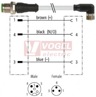 7000-40601-2300030 konektor M12/3-pin/vidl/přímý - kabel ŠE PUR do vlečného řetězu 3x0,25mm2 L=0,3m - konektor M8/3-pin/zás/úhlový