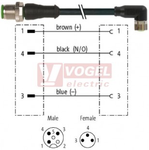 7000-40601-6100030 konektor M12/3-pin/vidl/přímý - kabel ČE PVC 3x0,25mm2 L=0,3m - konektor M8/3-pin/zás/úhlový